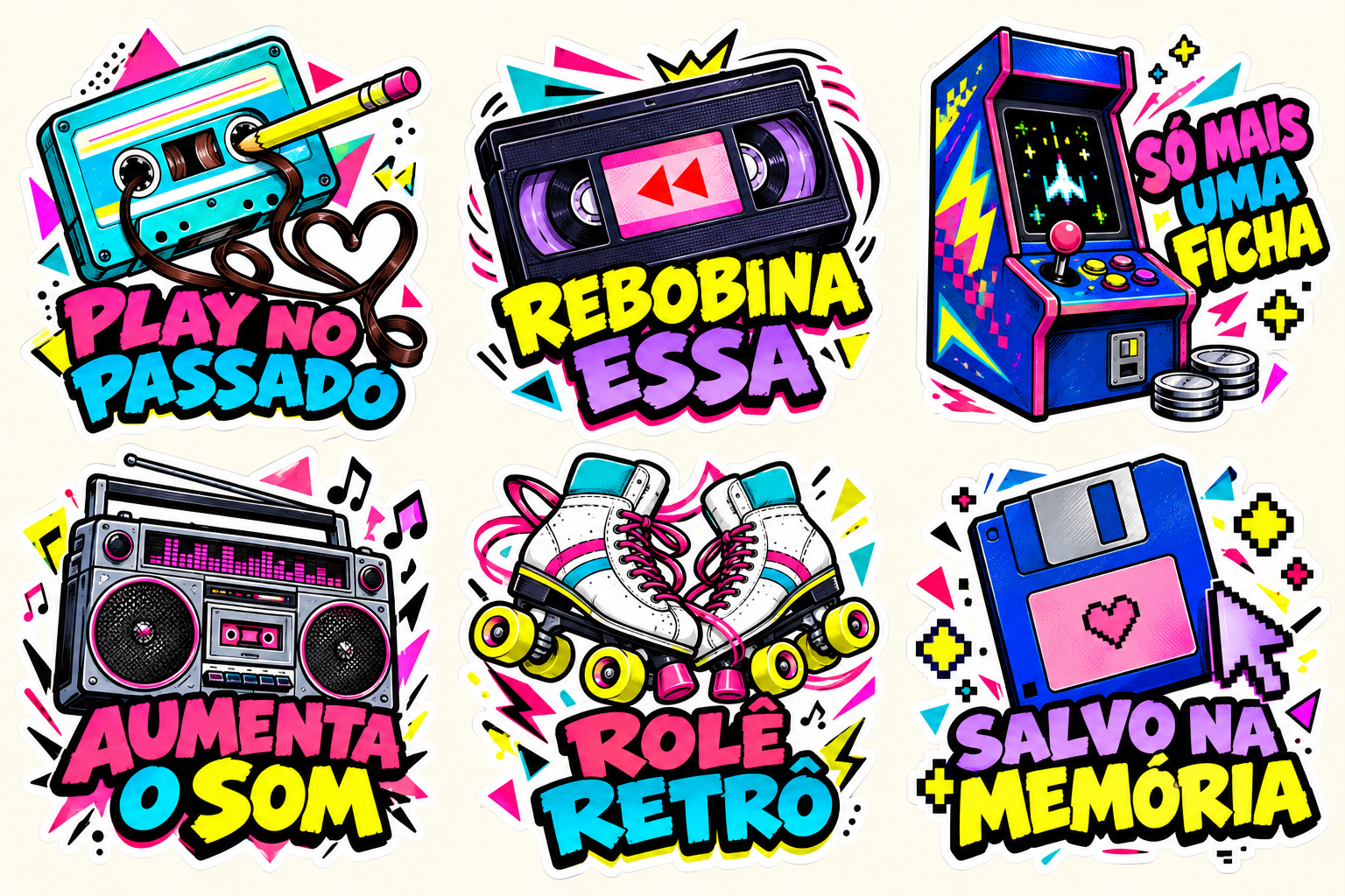 Coleção Anos 80: cassete, VHS, fliperama, rádio, patins e disquete