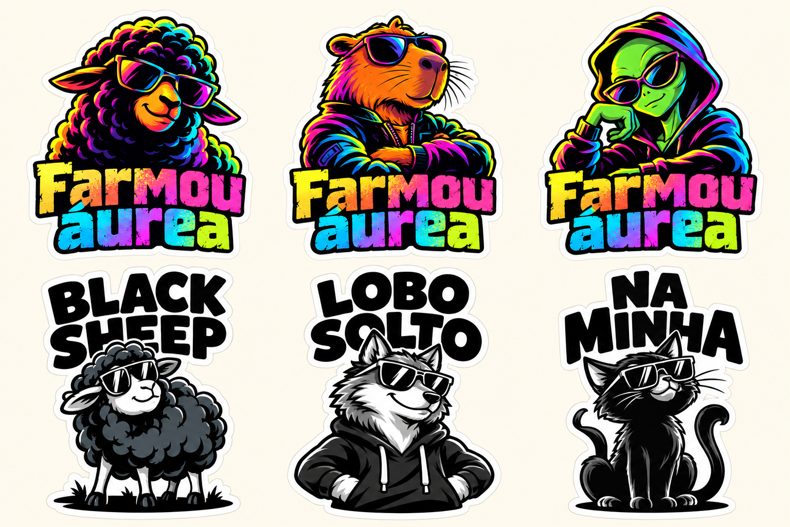 Adesivos neon e em preto e branco da coleção Atitude